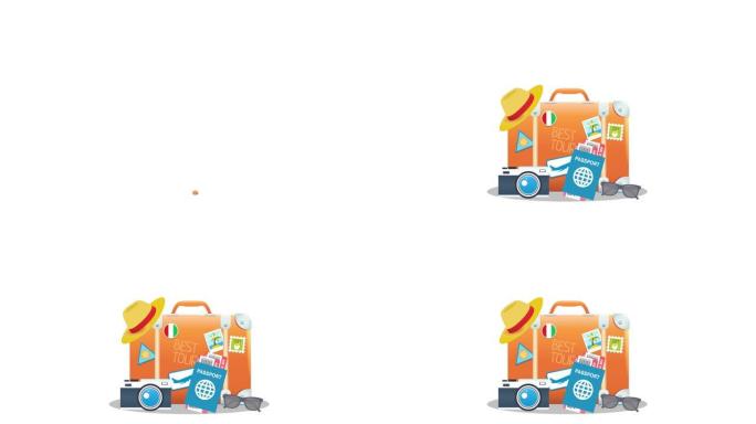 橙色复古手提箱，带有贴纸和不同的旅行元素，孤立在白色背景上