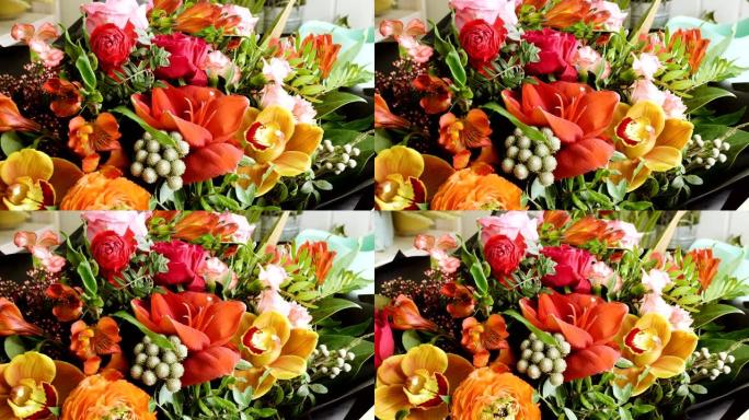 花店里五颜六色的鲜花盛开。4K