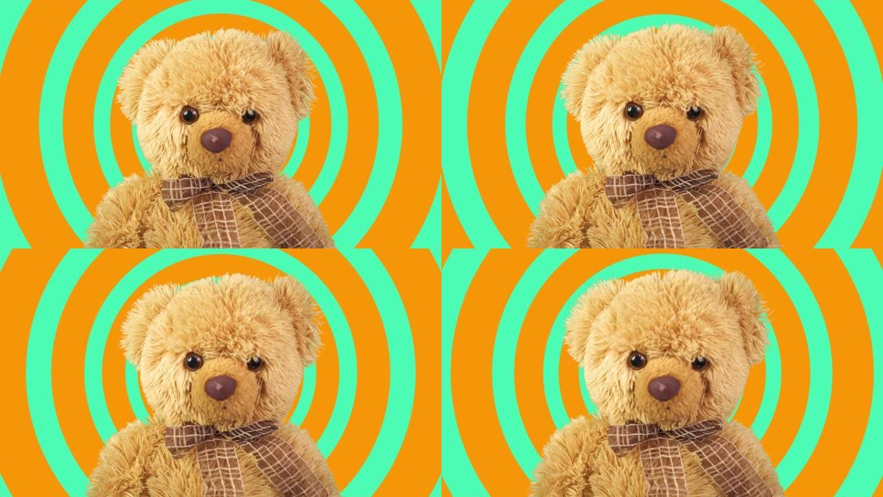 彩色背景上的棕熊。一只很酷的DJ泰迪熊。跳舞的泰迪熊