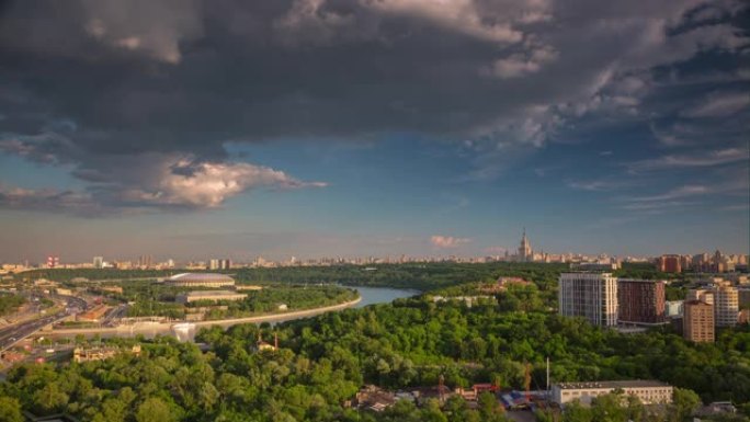 夏季日落莫斯科城市景观麻雀山公园河畔全景4k延时俄罗斯