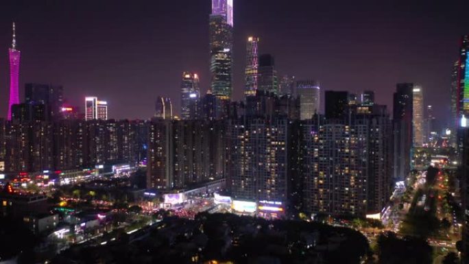 夜间照明广州市公寓住宅市中心区域航空全景4k中国