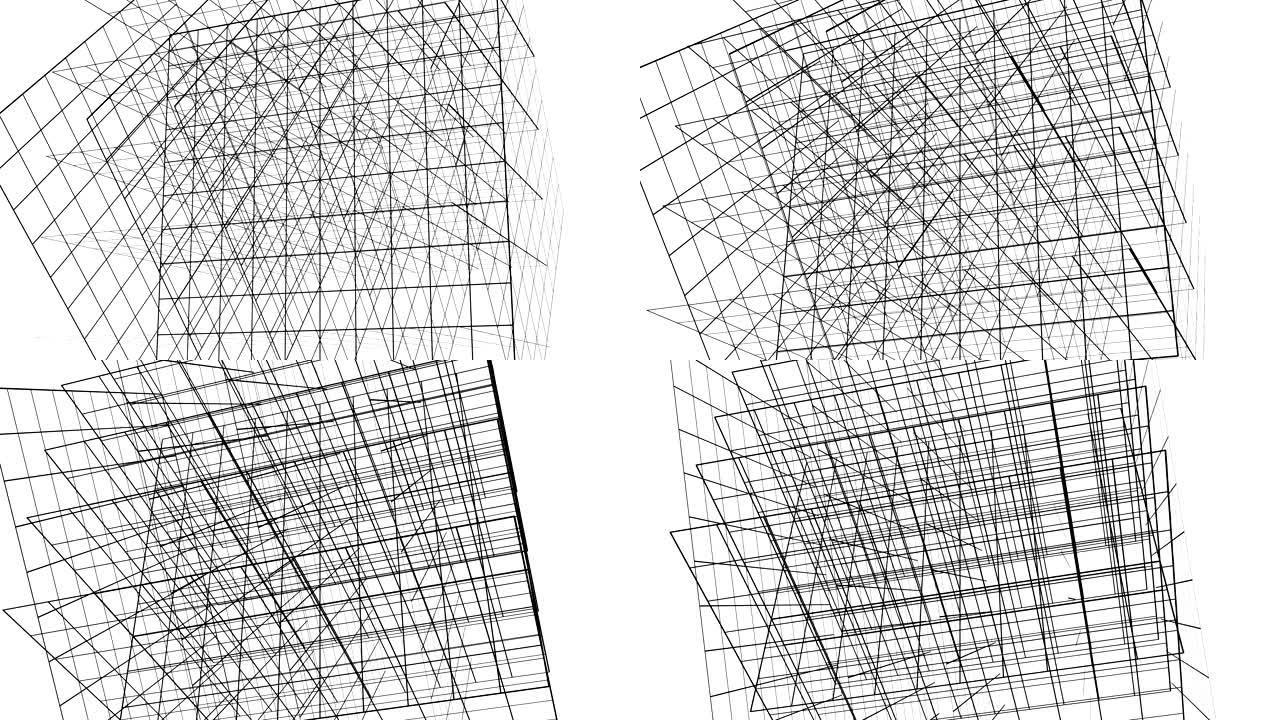 抽象线条背景，白色背景上的格子。3d动画。