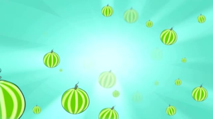 新鲜的绿色西瓜从蓝色背景上旋转的明亮光芒中慢慢移动。3D循环动画。