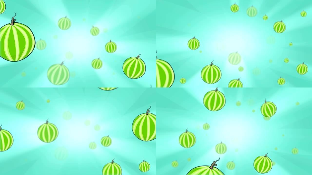 新鲜的绿色西瓜从蓝色背景上旋转的明亮光芒中慢慢移动。3D循环动画。
