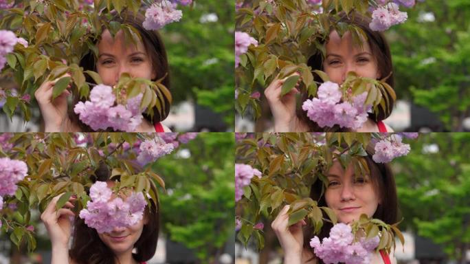 开朗的女孩直视樱桃树枝，轻浮的隐藏脸