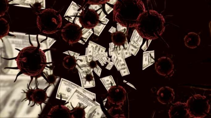 宏新型冠状病毒肺炎单元格和美国美元钞票浮动的动画。