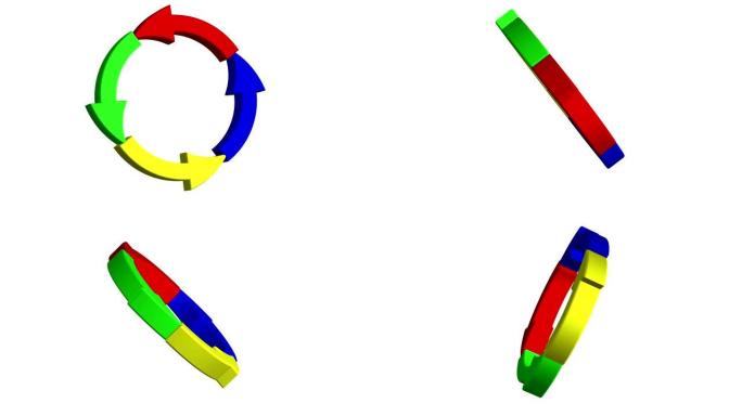 旋转彩色圆圈，箭头孤立在白色背景上。3d动画。