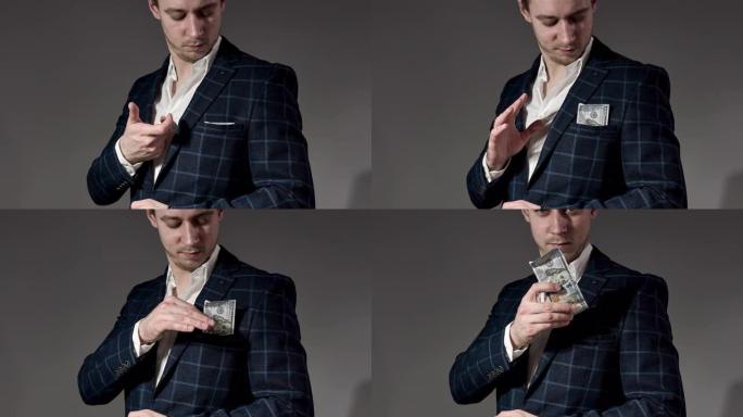 魔术师用美元钞票展示魔术