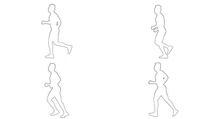 剪影人的轮廓草图孤立在白色背景上运行。慢动作