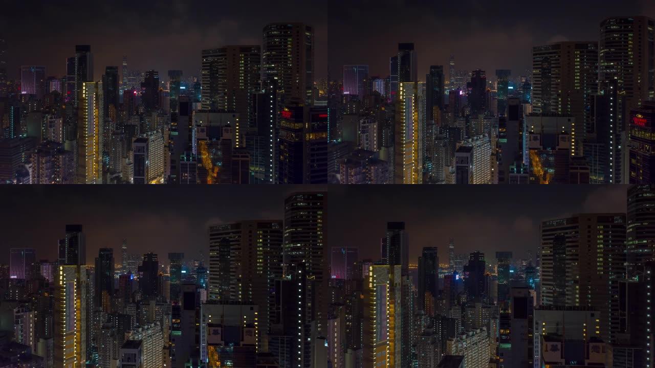 香港市区空中全景4k延时夜间照明飞行