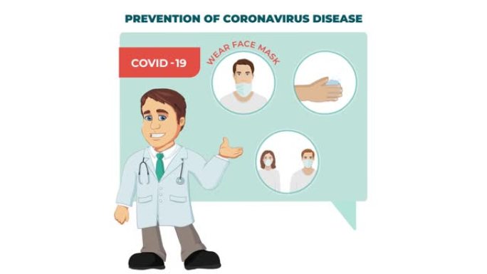 冠状病毒保护提示和建议动画与医生卡通人物。