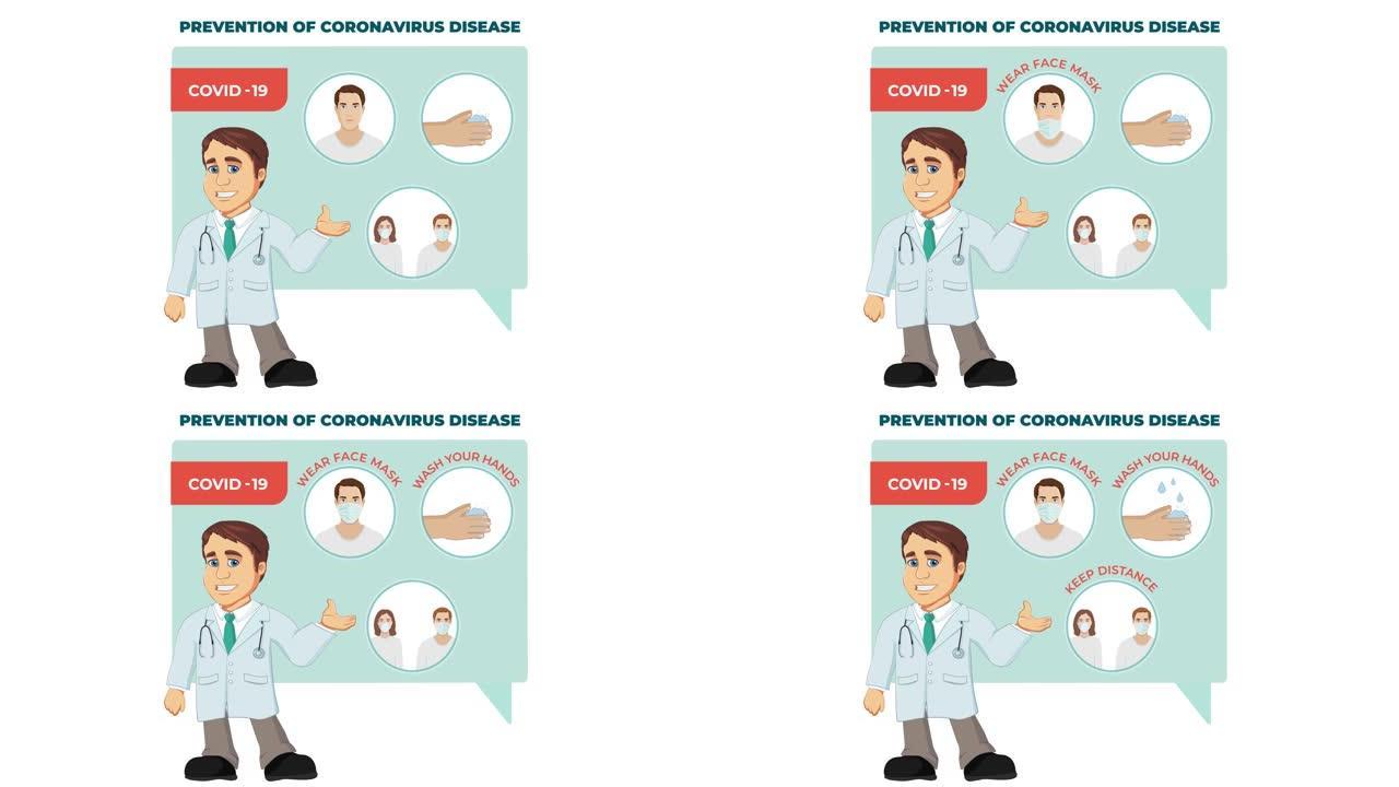 冠状病毒保护提示和建议动画与医生卡通人物。