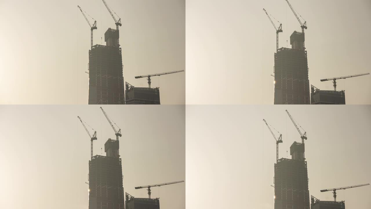 日落时间青岛市市中心摩天大楼施工顶部全景时间推移4k中国