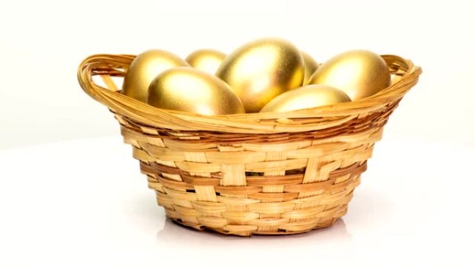 白色背景篮子里的金蛋。金蛋特写，复活节，春天，投资和退休概念。摄像机旋转
