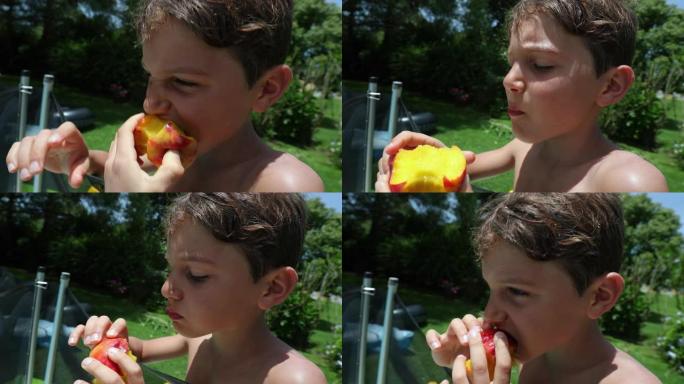 小男孩在户外吃桃子水果