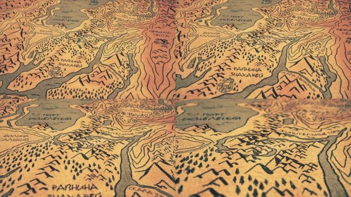 有趣的手绘古代地图与动画绘制旧的复古童话地图的抽象动画和游戏或电影的不同位置。库存镜头。卡通动画