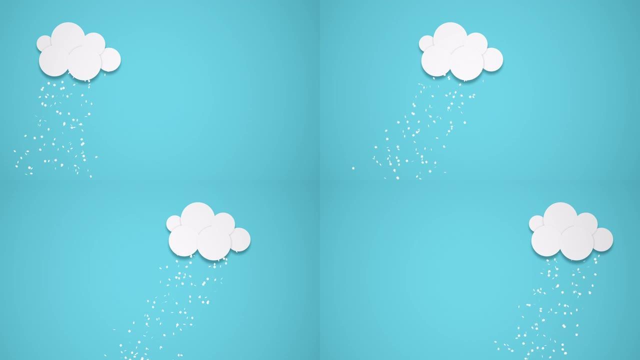 在下雪的蓝色背景上的云的3d动画。
