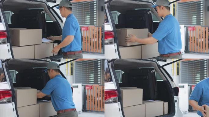 门到门交付概念。送货员用纸板箱卸下装有包裹的货车，并检查包裹的库存并交付给客户