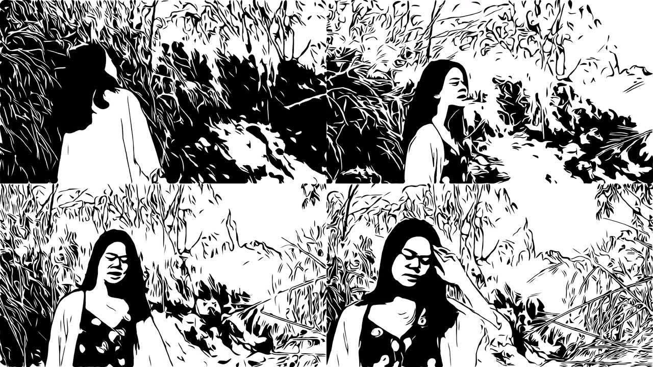 手绘，涂鸦卡通风格，年轻的亚洲旅游妇女独自行走在杂草丛生的干燥植物，极端地形场景