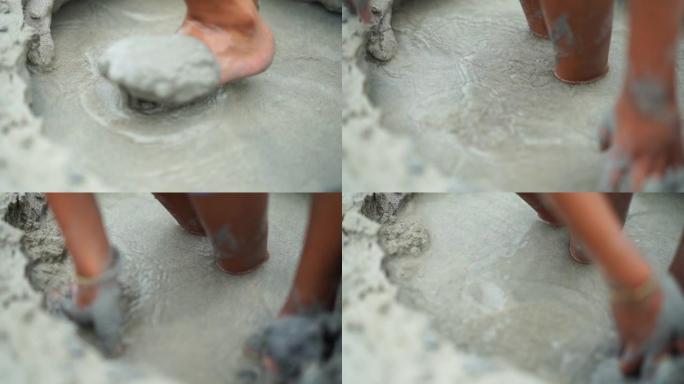 POV，孩子们的腿在沙滩上踩和玩沙子