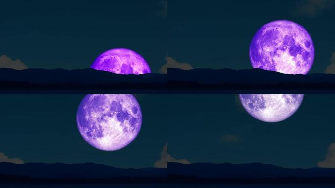 4k超级紫月在夜空的剪影岛上升起