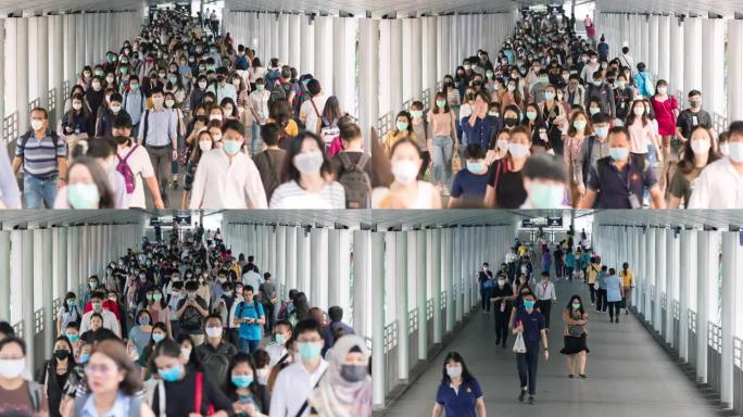 4k时间流逝: 人群戴上口罩以保护corovvirus或新型冠状病毒肺炎爆发。
