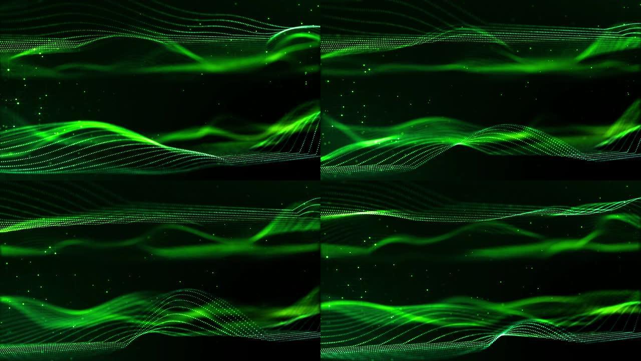 4k循环科幻绿色背景，带有散景和灯光效果。辉光绿色粒子形成线条，表面，弦结构作为虚拟空间或HUD屏幕
