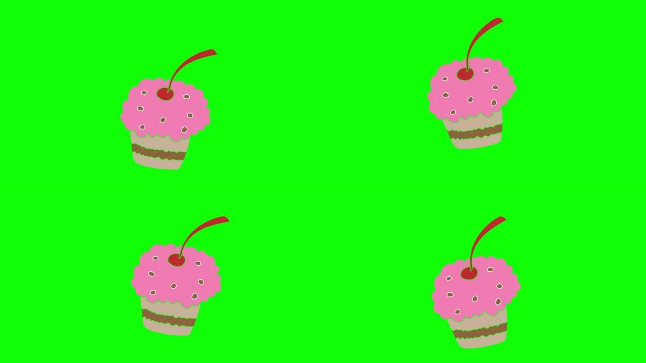 杯蛋糕手绘绿屏。浮动循环动画