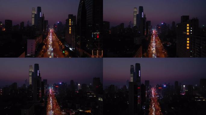 日落时间夜景照明长沙市市区主要交通街空中全景4k中国