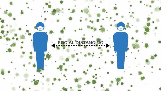 图形动画显示戴着外科口罩的人的符号和与冠状病毒的社交距离 (新型冠状病毒肺炎)，阿尔法通道 (透明背