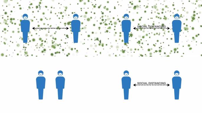 图形动画显示戴着外科口罩的人的符号和与冠状病毒的社交距离 (新型冠状病毒肺炎)，阿尔法通道 (透明背
