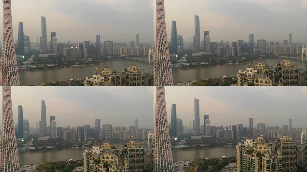 日落时间照明广州城市景观市中心著名塔顶空中全景4k中国