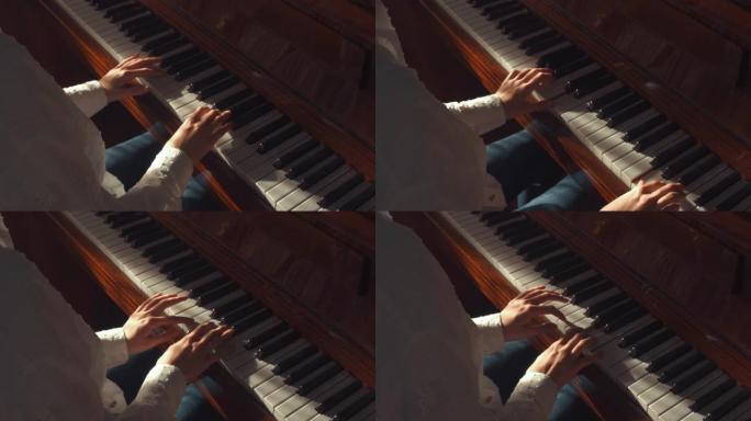 侧视图年轻女子练习弹钢琴