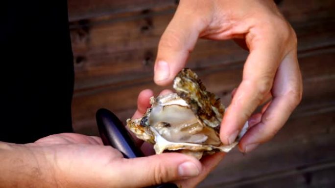 男人们用一把特制的刀打开新鲜美味的牡蛎