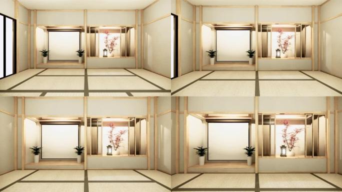 日本房间室内背景与搁板墙日式设计隐藏光。3d渲染