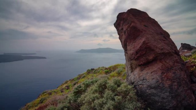 晨光圣托里尼岛火山山海岸线全景4k延时希腊
