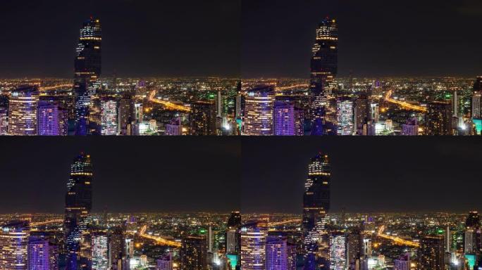 曼谷商业区市中心位于Sathon地区上方，有建筑物和摩天大楼，高峰时段交通，晚上; 平移右-延时
