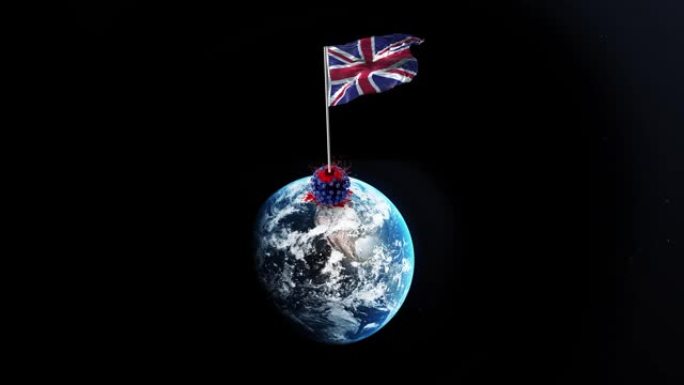 冠状病毒新型冠状病毒肺炎被英国击败，英国国旗在4k分辨率的旋转地球上挥舞着被拆除的病毒