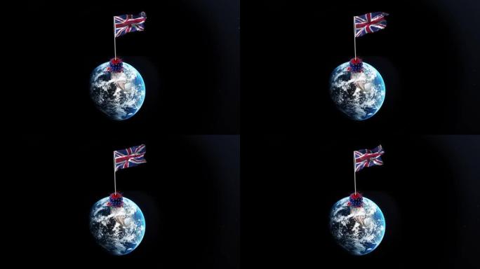 冠状病毒新型冠状病毒肺炎被英国击败，英国国旗在4k分辨率的旋转地球上挥舞着被拆除的病毒