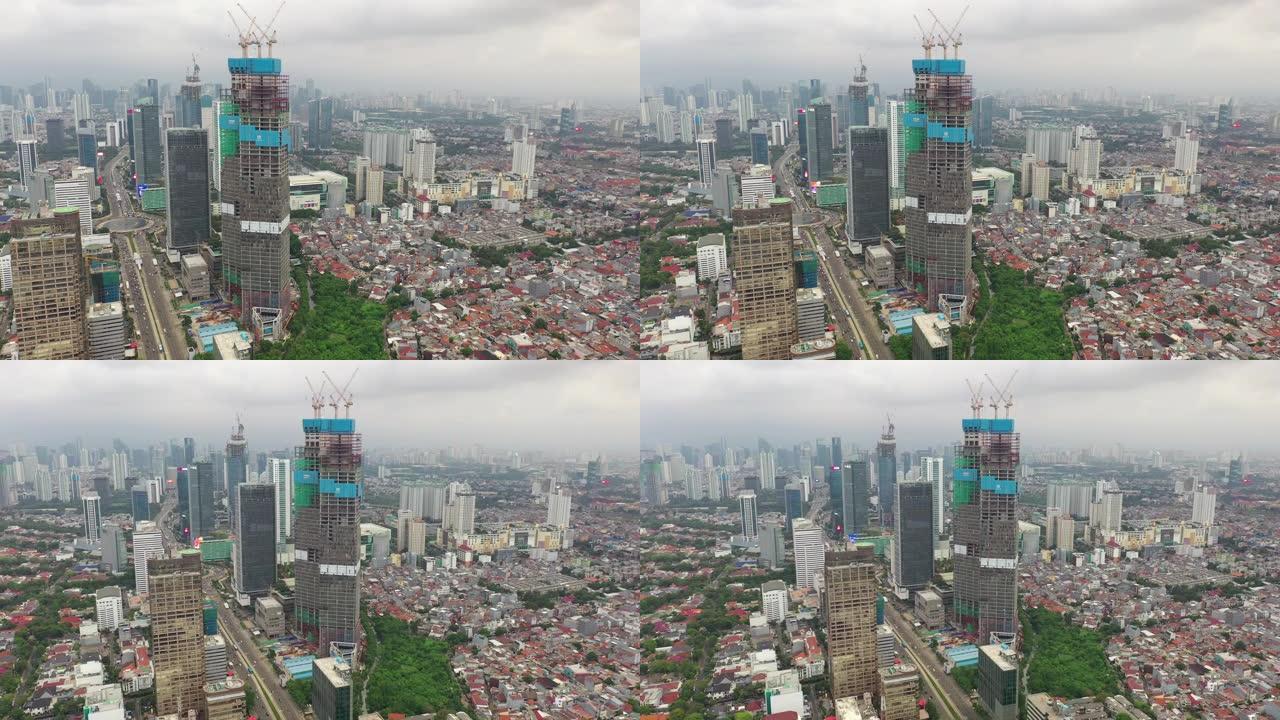 阴天雅加达市市中心屋顶建筑私人住宅区空中全景4k印度尼西亚