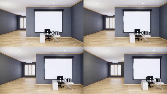 空灰色会议室内部，白色背景为木地板-空房间商务室内部。3d渲染
