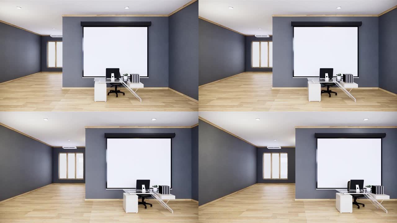 空灰色会议室内部，白色背景为木地板-空房间商务室内部。3d渲染
