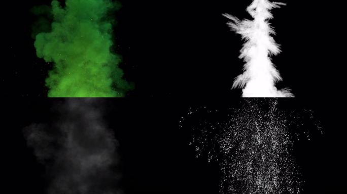 一系列的镜头从下往上打成一条线，并产生火花和烟熏痕迹。绿色。