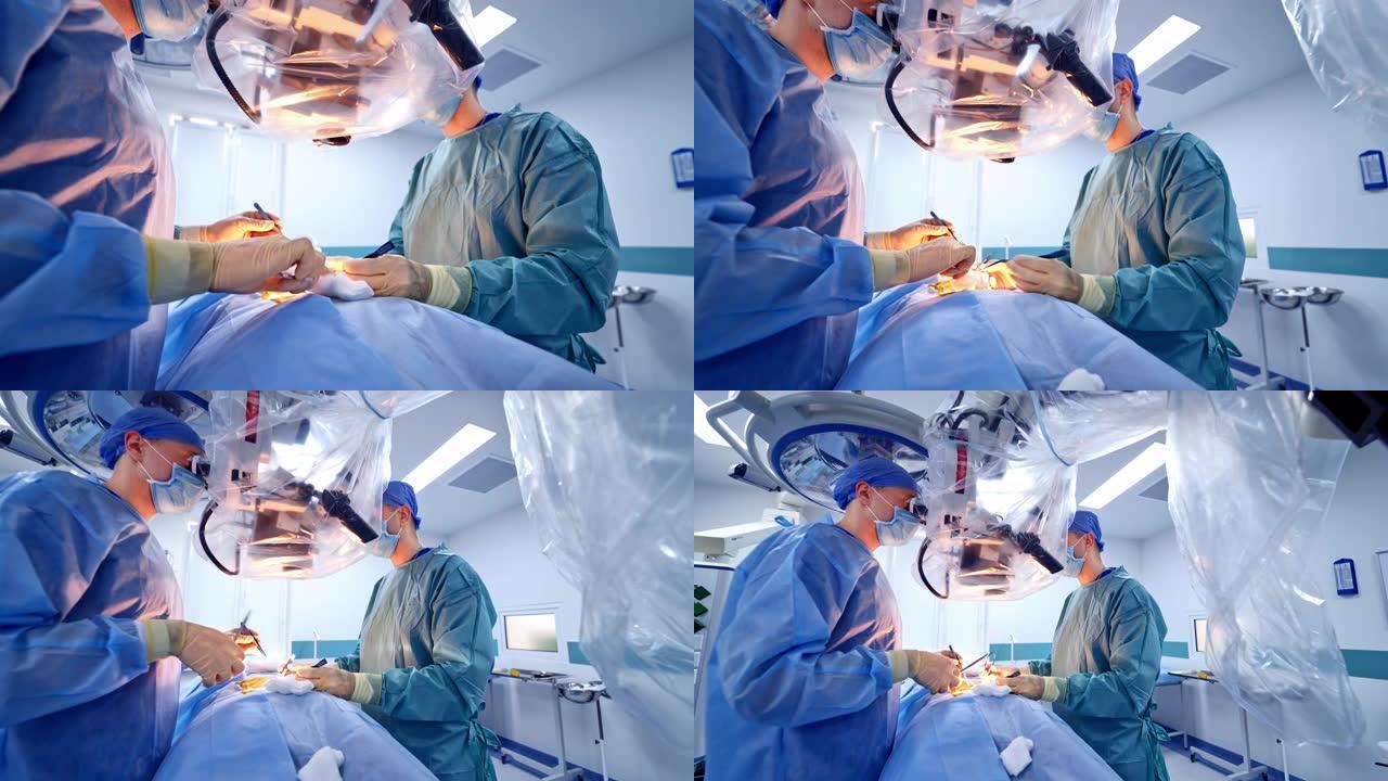 手术室配有现代医疗设备的手术。