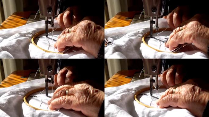 一位老妇人正在用缝纫机工作