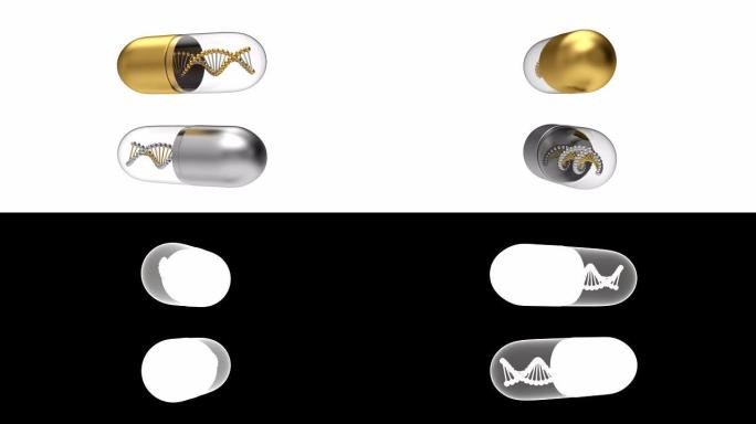 带有DNA的金色和银色医用胶囊的3D动画旋转。阿尔法。4K