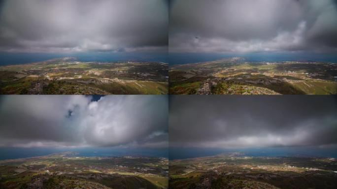 阳光明媚的日子阴影圣托里尼岛镇湾全景4k延时希腊