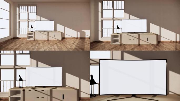橱柜装饰上挂着空白黑屏的智能电视模型，现代客厅日式风格。3d渲染
