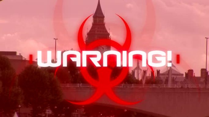 警告一词的动画!写在红色健康危害标志上，背景是城市景观。