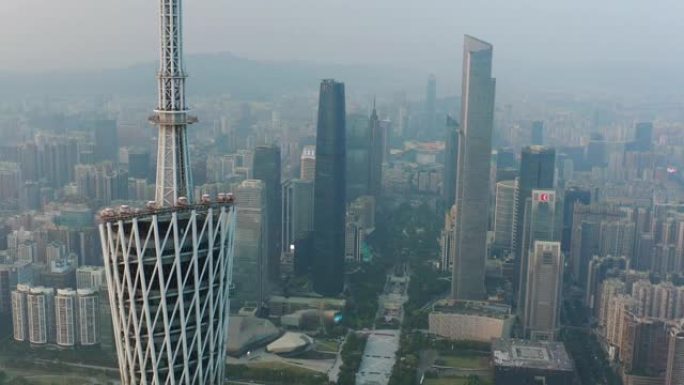 日落时间广州市著名塔顶视点市中心广场空中全景4k中国